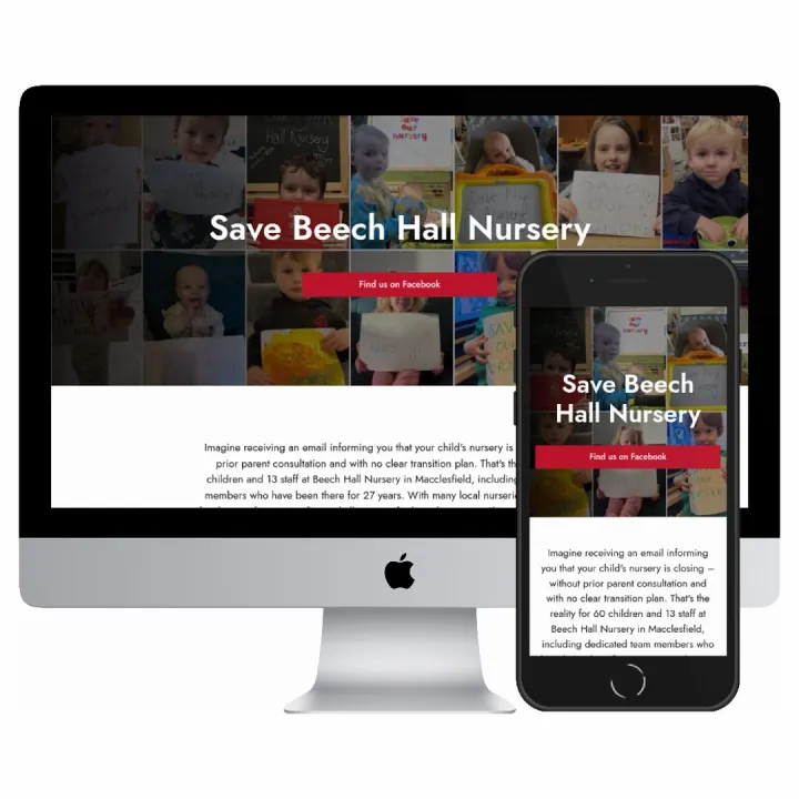 Desktop and mobile screenshots of the Save Beech Hall Nursery website