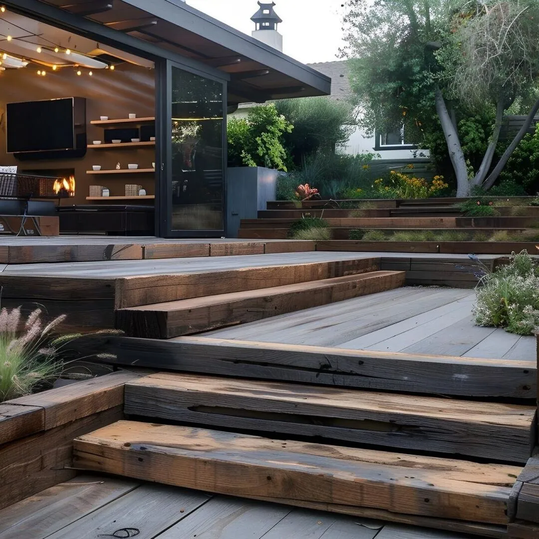 Rustic wooden patio stairs leading to a welcoming outdoor se