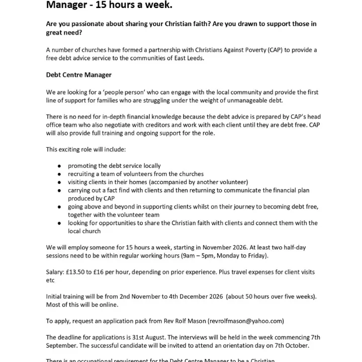 Job Ad – Debt Centre Manager East Leeds