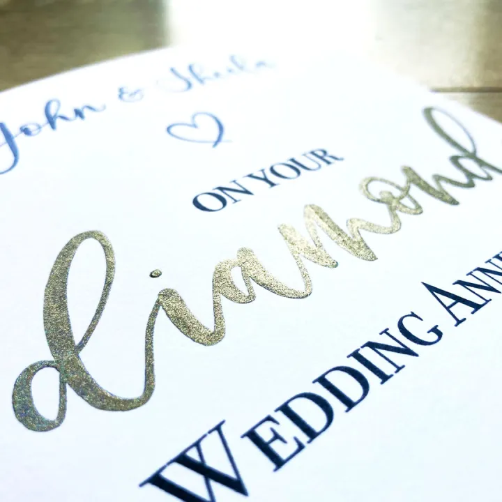 Silver and navy hand lettered diamond wedding anniversary card