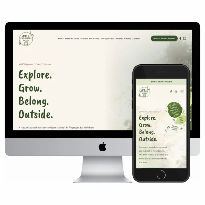 Desktop and mobile screenshots of the Wild Explorers Forest School website