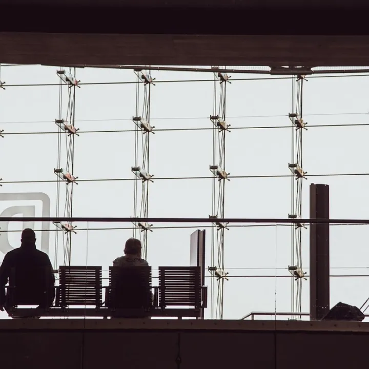 Silhouettes, people, bank