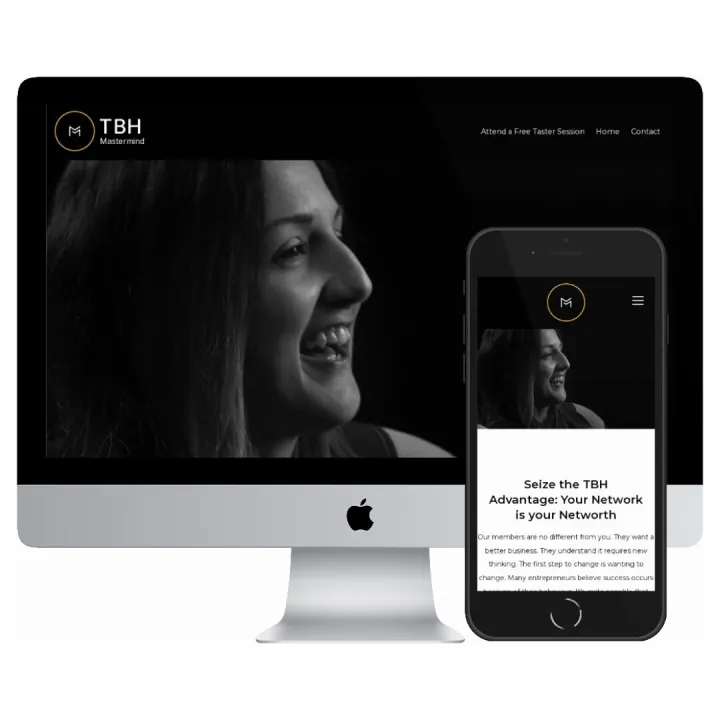 Desktop and mobile screenshots of the TBH Mastermind website