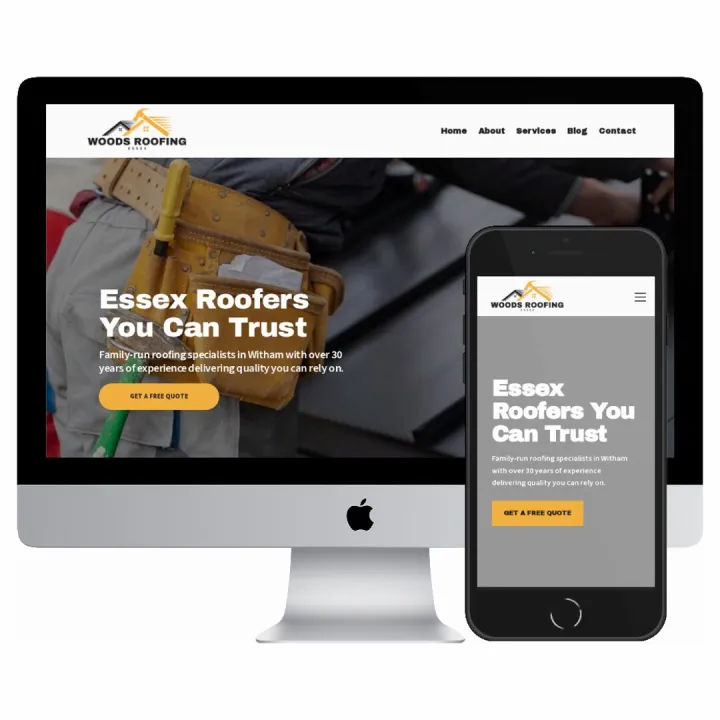 Desktop and mobile screenshots of the Woods Roofing Essex website