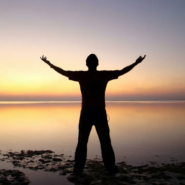 A person joyfully embracing the sunrise over a calm ocean, symbolizing freedom and solitude.