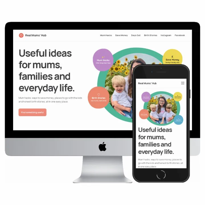 Desktop and mobile screenshots of the The Real Mums' Hub website
