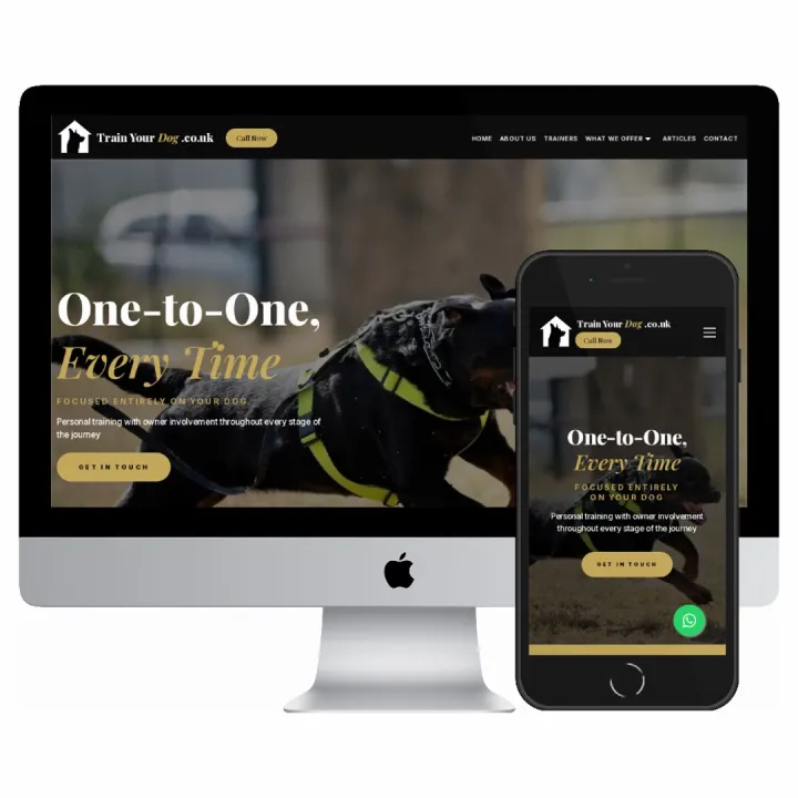 Desktop and mobile screenshots of the Train Your Dog website