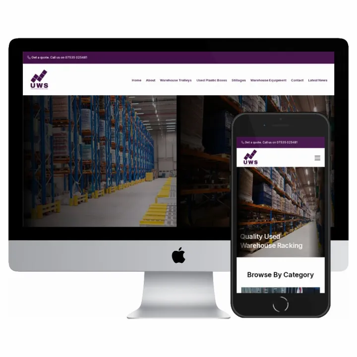 Desktop and mobile screenshots of the Used Warehouse Solutions website
