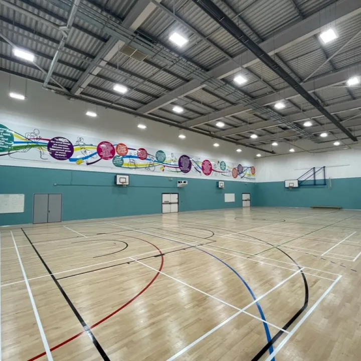 Indoor sports hall with basketball court