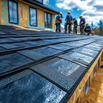 Craftsmen working diligently to install new roofing on a hou