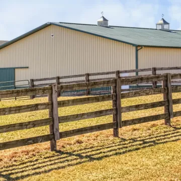 Farm barn with cream walls behind a fence
