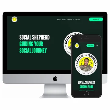 Desktop and mobile screenshots of the Social Shepherd website