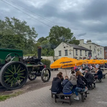 Steam traction engine on display outside The Shroppie Fly pub