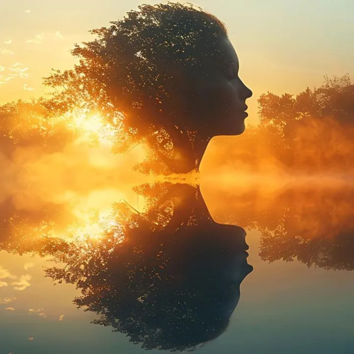 Outline of a human head containing a serene landscape backgr