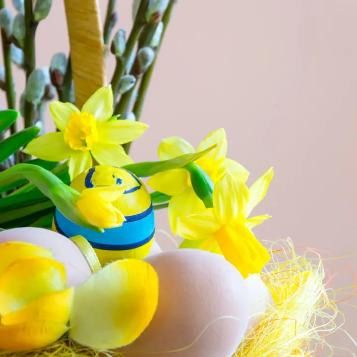 Bright Easter scene with decorated eggs and