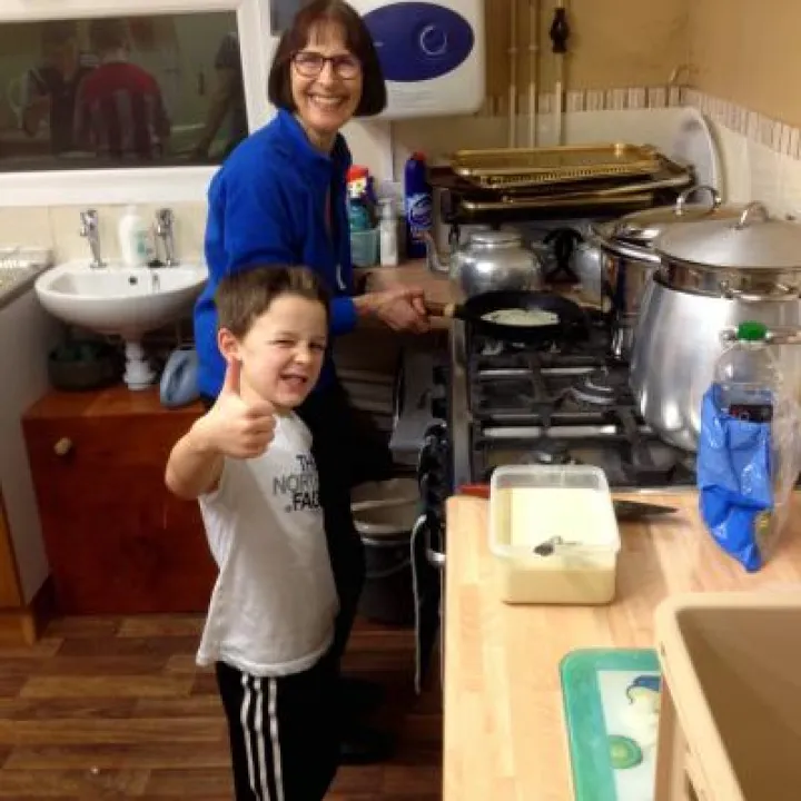 Helen and Lucas making pancakes