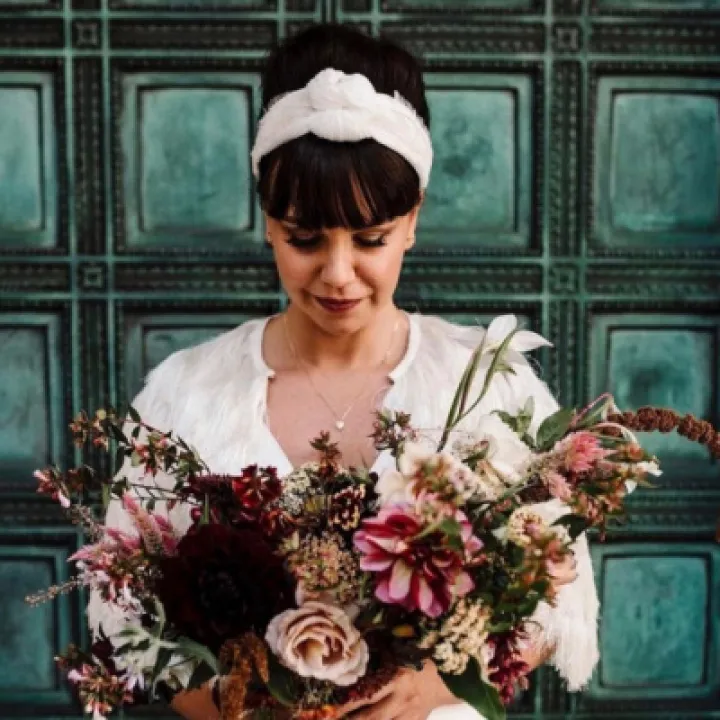 Fortuny headband Liverpool City wedding Sq