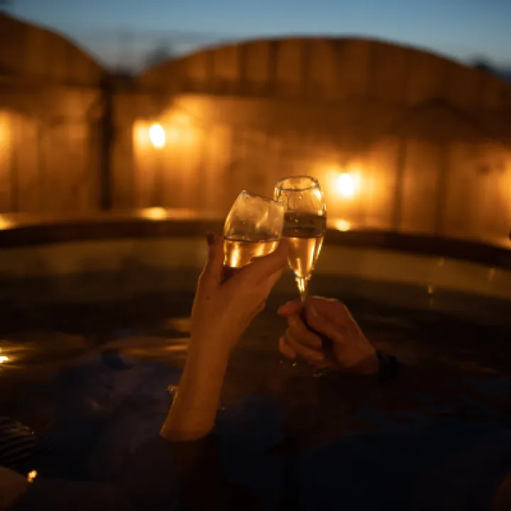 Overwater Luxury Glamping Hodnet Hot Tub at Night 2