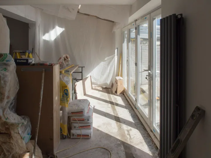 A construction area featuring renovation work in p