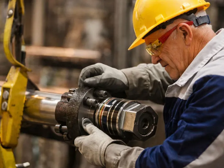 Hydraulic Technician Repairing Cylinder in Worksho
