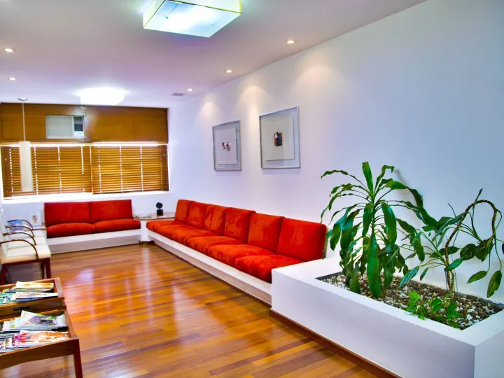 Doctor’s waiting room with red chairs