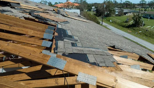 Damaged house roof with missing shingles after hurricane Ian