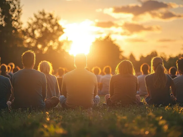Faith community in an outdoor worship session during sunrise