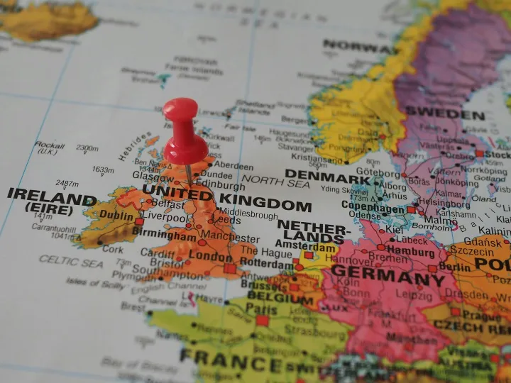 Close-up of a European map highlighting the UK