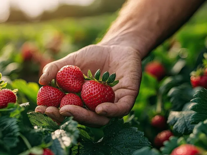 18 Hands picking fresh strawberries from a plant with rows o