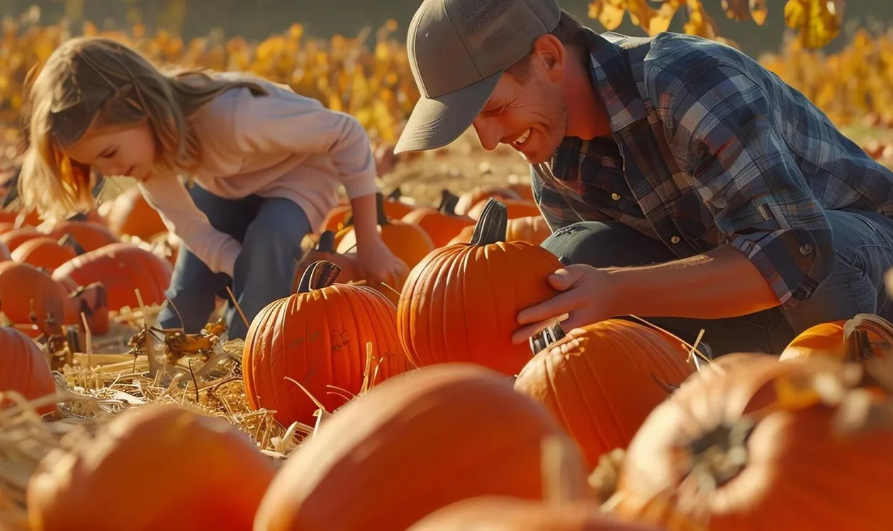 A father and daughter are picking pumpkins in a pumpkin patc