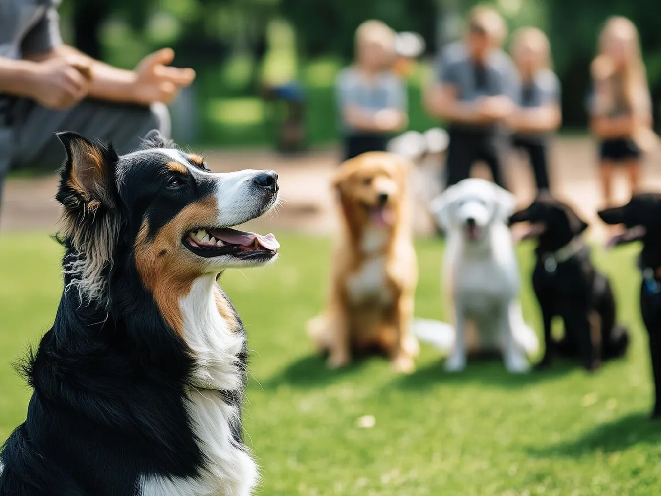 Professional dog trainer teaching obedience commands to a gr