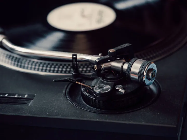 Detailed shot of a classic turntable playing a