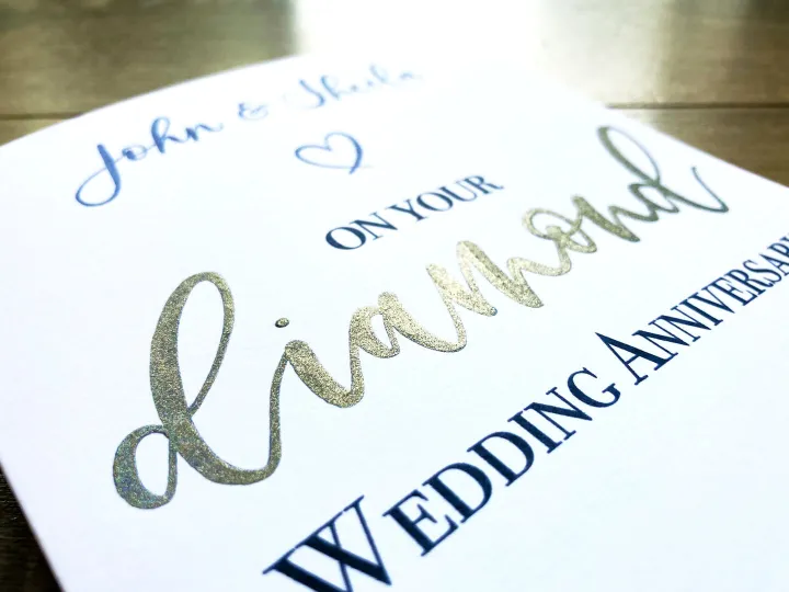 Silver and navy hand lettered diamond wedding anniversary card