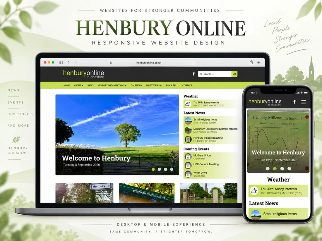 The Henbury Online community website shown on a laptop and a phone