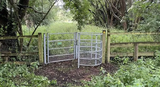 Metal kissing gate in a wooden fence beneath trees, with a footpath leading up to it