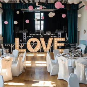 Wedding venue, circular tables, love