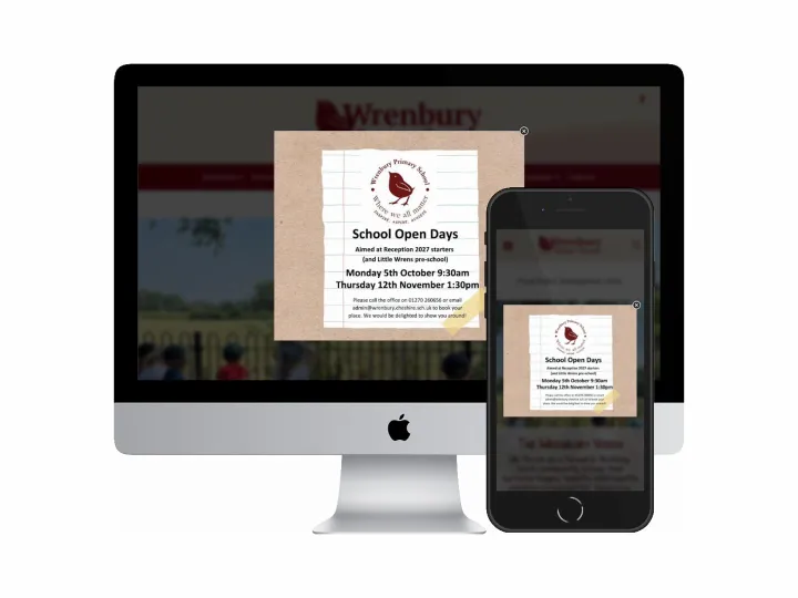 Desktop and mobile screenshots of the Wrenbury Primary School website