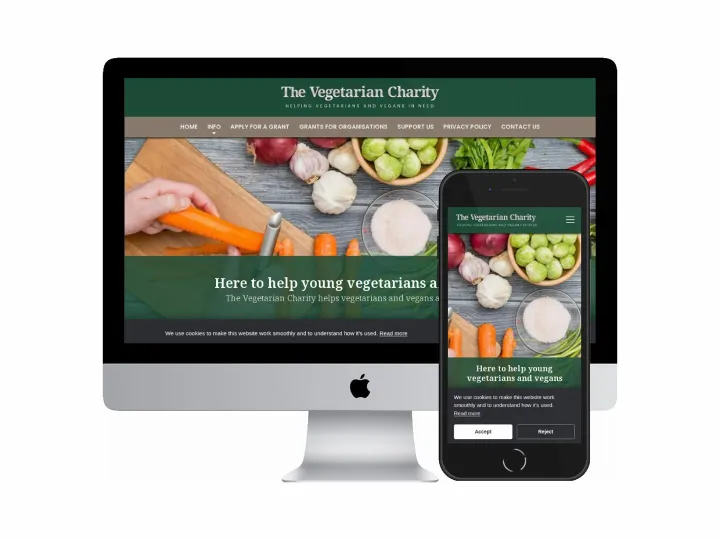Desktop and mobile screenshots of the The Vegetarian Charity website