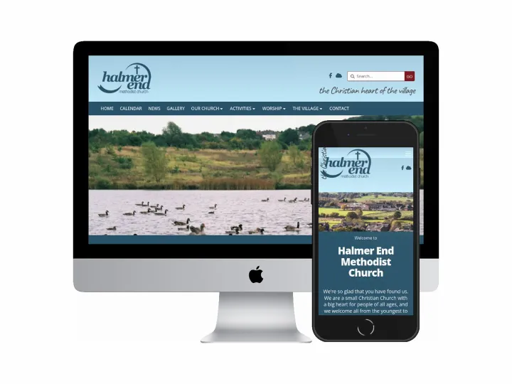 Desktop and mobile screenshots of the Halmer End Methodist Church website