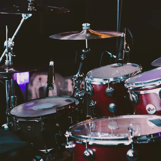 Drum set on stage ready for a performance
