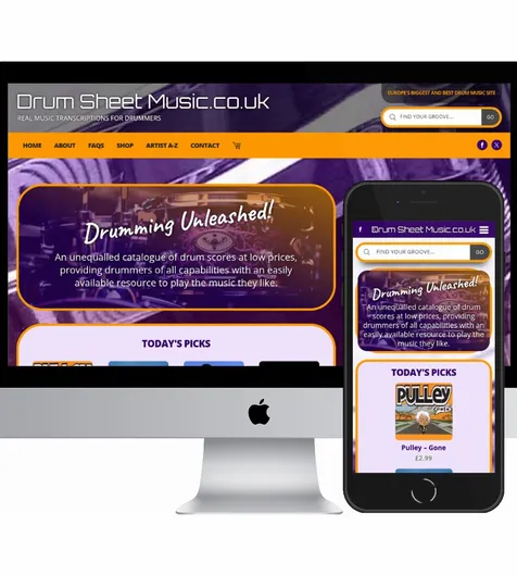 Desktop and mobile screenshots of the Drum Sheet Music website