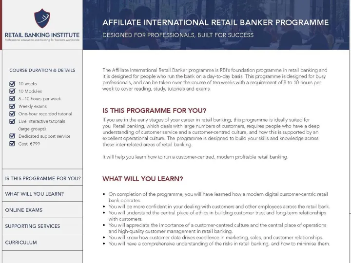 Retail Banking Institute &ndash; Affiliate International