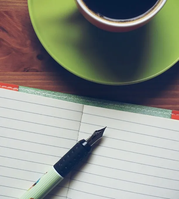 Notepad, coffee, pen, fountain pen, empty