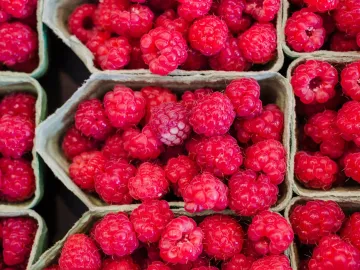 Ripe and sweet raspberries in the display case
