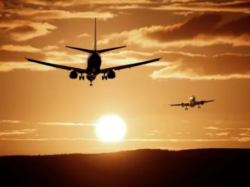 Plane, flight, sunset