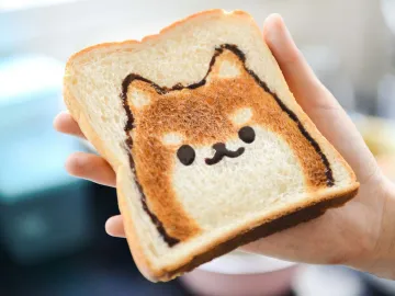 Adorable Shiba Inu face toast art, perfect for breakfast fun, held by hand in a bright setting.