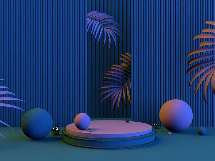 Podium, mockup, blue, leaves, balls, 3d wallpapers