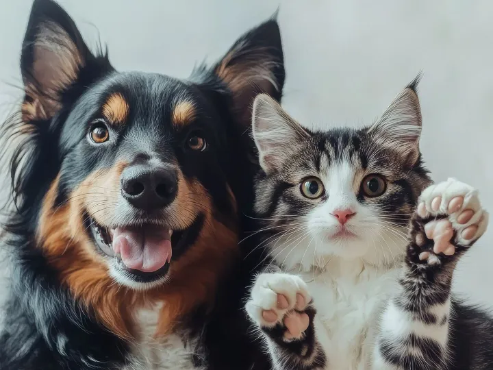 View of cats and dogs showing friendship