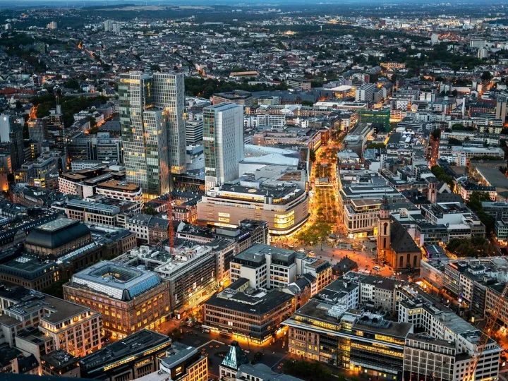 View of Frankfurt from a skyscraper at sunset