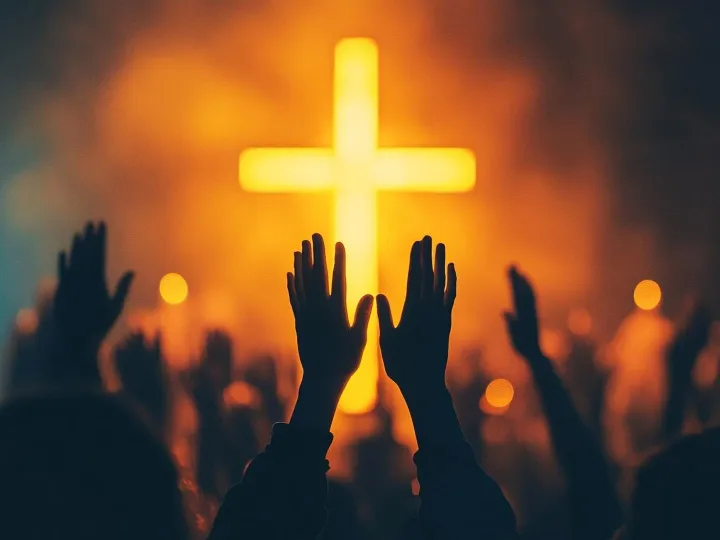 Christian Congregation hands Worship God together in front o